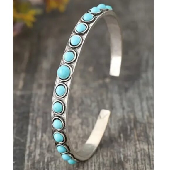 Southwest Bohemian Style Synthetic Turquoise & Silver Plated Bracelet - Picture 2 of 3